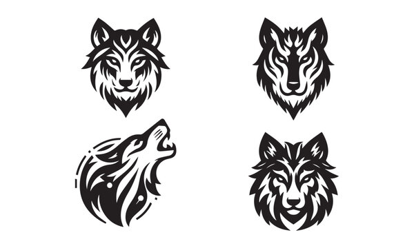mascot wolf with dominant face logo in black and white , wolf face mascot logos , silhouette style mascot