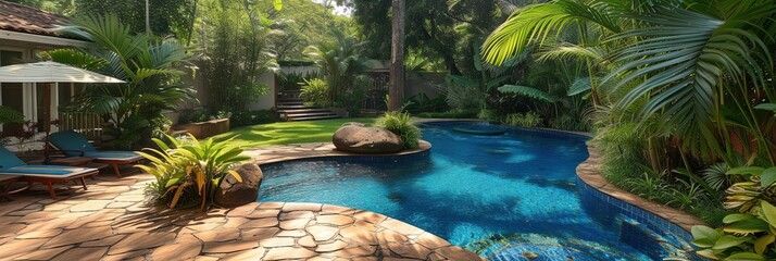 Backyard pool garden with patio, furniture, and excellent landscaping design - obrazy, fototapety, plakaty