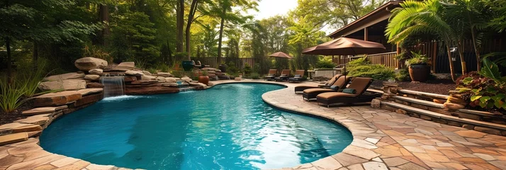 Foto op Aluminium Backyard pool garden with patio, furniture, and excellent landscaping design © Brian