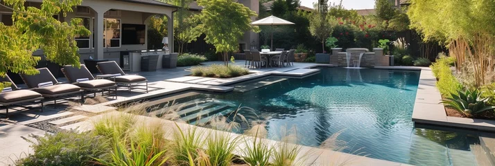 Foto op Aluminium Backyard pool garden with patio, furniture, and excellent landscaping design © Brian