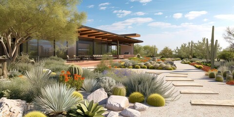 Backyard Southwestern desert garden with patio, furniture, and excellent landscaping design - obrazy, fototapety, plakaty