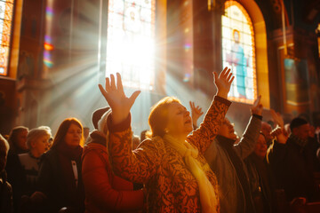 Obraz na płótnie Canvas Christian Celebration in a Church, Group of Believers in joyful Mass with arms raised on Resurrection Sunday