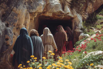 Empty Tomb of Jesus on Resurrection Sunday, group of apostles discovering the empty tomb in the cave of the mountain