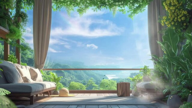 Beautiful and peaceful fantasy landscape background seen from the balcony of the house with sofa. seamless looping time-lapse virtual video animation background