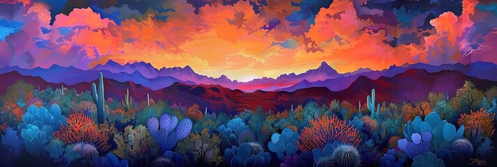 Arizona desert sunset panoramic - obrazy, fototapety, plakaty
