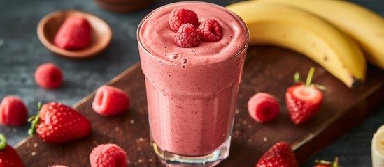 Glass containing a smoothie made from strawberries, raspberries, and banana. - obrazy, fototapety, plakaty