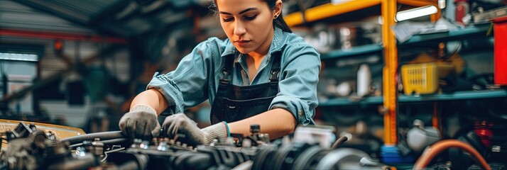 Female mechanic working on car engine in automotive garage - obrazy, fototapety, plakaty