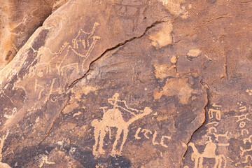 Ancient petroglyph of a camel at the Jubbah rock art site at Ob Sinman Mountain.