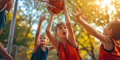 Group of children playing basketball outdoors. Happy and healthy competition with young kids in their youth playing sports.