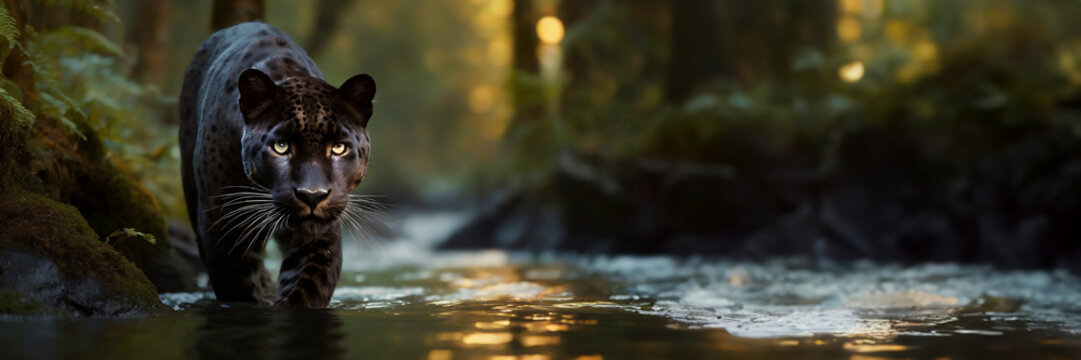 Panoramic image of a black panther in the river. Jaguar walking through a jungle low angle image in low light.
