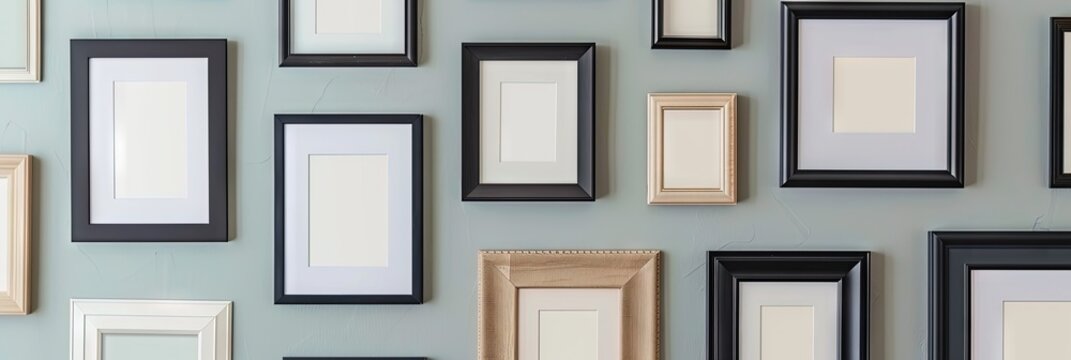 Collection of picture  frames hanging on the wall. Blank templates ready for customization and personalization