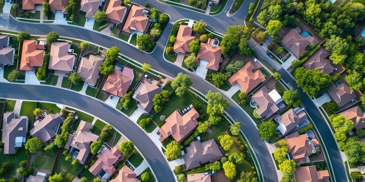 Overhead aerial photo of a residential neighborhood development 