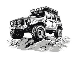 Off road vehicle. Exploration trip. Black and white vector illustration.