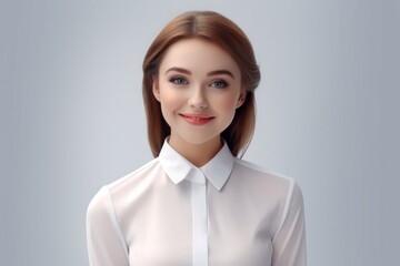A hyper-realistic 3D model depicts a young, cute Asian businesswoman standing with a smile in an office attire against an isolated white background. Generative AI. - obrazy, fototapety, plakaty