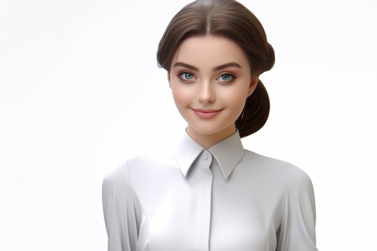 A hyper-realistic 3D model depicts a young, cute Asian businesswoman standing with a smile in an office attire against an isolated white background. Generative AI.