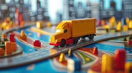 Moving truck (box truck) with trailer traveling across map. toy concept with GPS and family relocation
