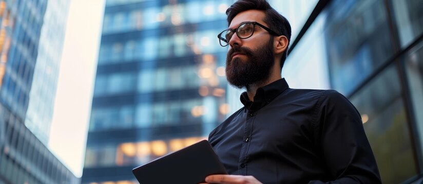 Bearded businessman in a black shirt, wearing glasses, holding a notebook, with a portrait of a young banker using a laptop in a modern office, with a skyscraper background.