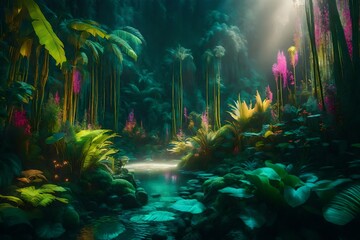 Colorful Neon Light Tropical Jungle Plants in a Dreamlike Enchanting Scenery 
