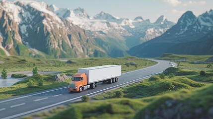 Semi-truck with trailer traveling on the open road. Transport, supply chain, delivery, and operations concept