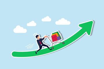 Inflation drives grocery price hikes, increased expenses, costs, spending, economic crises, or consumer price spikes concept, businessman push shopping cart trolley up rising price graph.