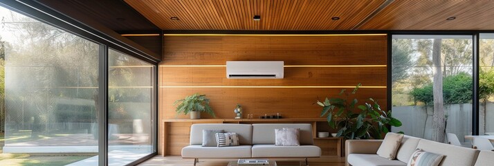 Living room interior with air conditioner and couch. Modern interior design for home living - obrazy, fototapety, plakaty