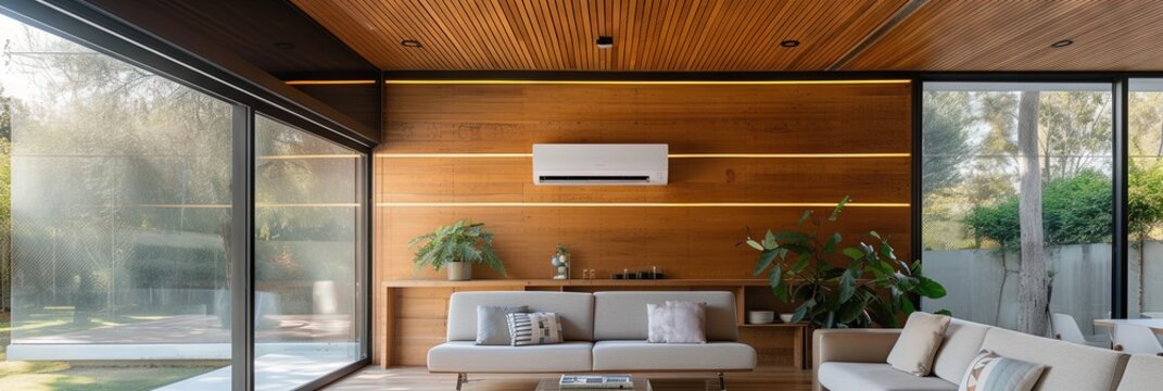 Living room interior with air conditioner and couch. Modern interior design for home living