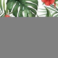 Tropical flowers, Palm leaves on white background, . Seamless patterns