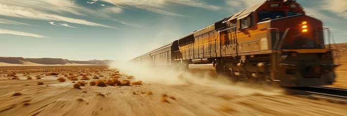 Papier Peint photo Chemin de fer Freight train crossing bridge across arid and dusty desert on railroad tracks