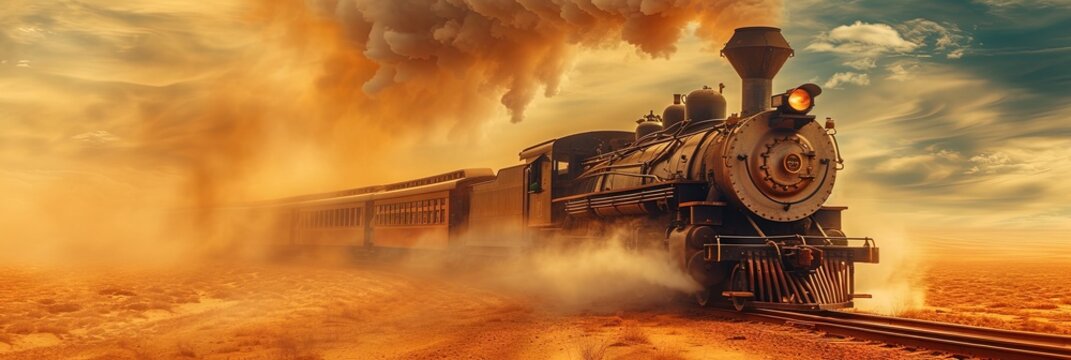 Freight train crossing bridge across arid and dusty desert on railroad tracks