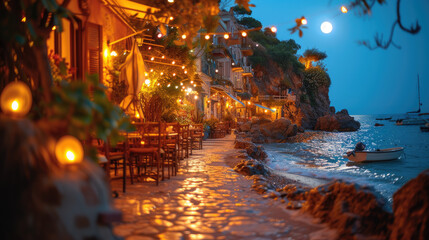 At the edge of the bustling city, a tranquil oasis awaits on a cliffside sidewalk adorned with tables and chairs, overlooking the shimmering water below as the sky transitions from light to dark