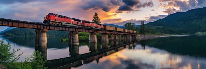 Freight train crossing bridge over lake on railroad tracks