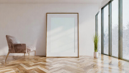Poster frame with glass mockup closed on empty interior background, modern wooden floor texture, 3d rendering