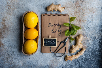 Healthy eating concept with fruits and ginger