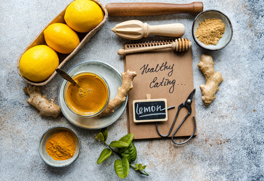 Healthy Eating Concept with Lemon and Spices on Table