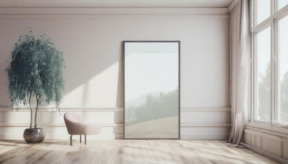 Poster frame with glass mockup closed on empty interior background, modern marble texture, 3d rendering