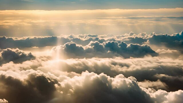 Sunlight streams through gaps in the thick clouds, casting intense columns of light down to the earth.
