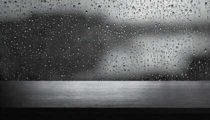 Fototapeta premium Black table top on rain drops on clear window - can be used for display or montage your products 