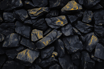 Black natural bold abstract rock background. Dark and gold stone texture mountain close-up cracked for banner ad design copy space
