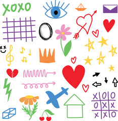 A set of child-inspired doodles. Crown, airplane, flowers, treble clef with notes, stars, hearts, house, arrows, envelope in simple style