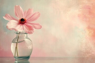 pink flower in vase on pink backgrpund , A single pastel flower in a clear vase exudes elegance and simplicity on a serene tabletop