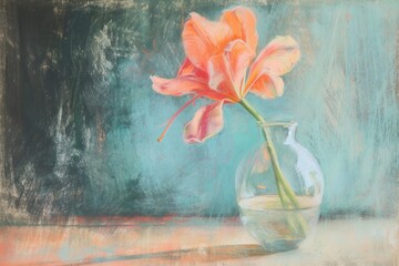 pink one flowers in transparent vase on blue background,  An artful display of a single flower in a vase, creating a peaceful and contemplative atmosphere
