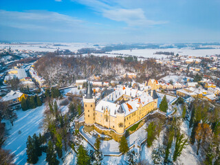 Zleby Castle in sunny winter day. Czechia. Aerial view from drone.
