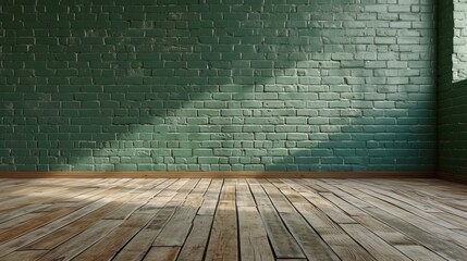 Green olive brick wall and wooden floor in an empty room, in the style of minimalist. Generative AI.