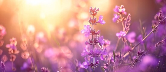 Ideal wallpapers: Purple field flowers photographed vertically with sunlight streaming through the grass. - obrazy, fototapety, plakaty