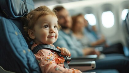 Photo of Parents who buckle up their children in airplane seats. Generative AI.