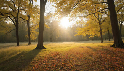 Autumn forest vibrant leaves, yellow trees, tranquil meadow, illuminated by sunlight 