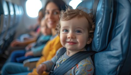Photo of Parents who buckle up their children in airplane seats. Generative AI. - obrazy, fototapety, plakaty
