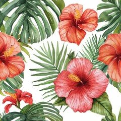 Tropical flowers, Palm leaves on white background, . Seamless patterns