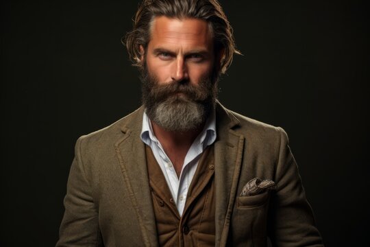 handsome bearded man with stylish hair and mustache on serious face in brown jacket on black background