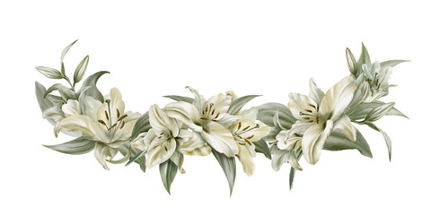 Watercolor composition of white lily flowers with leaves. For postcards, invitations, flyers, websites, flower stores, labels, packaging, wrapping paper.